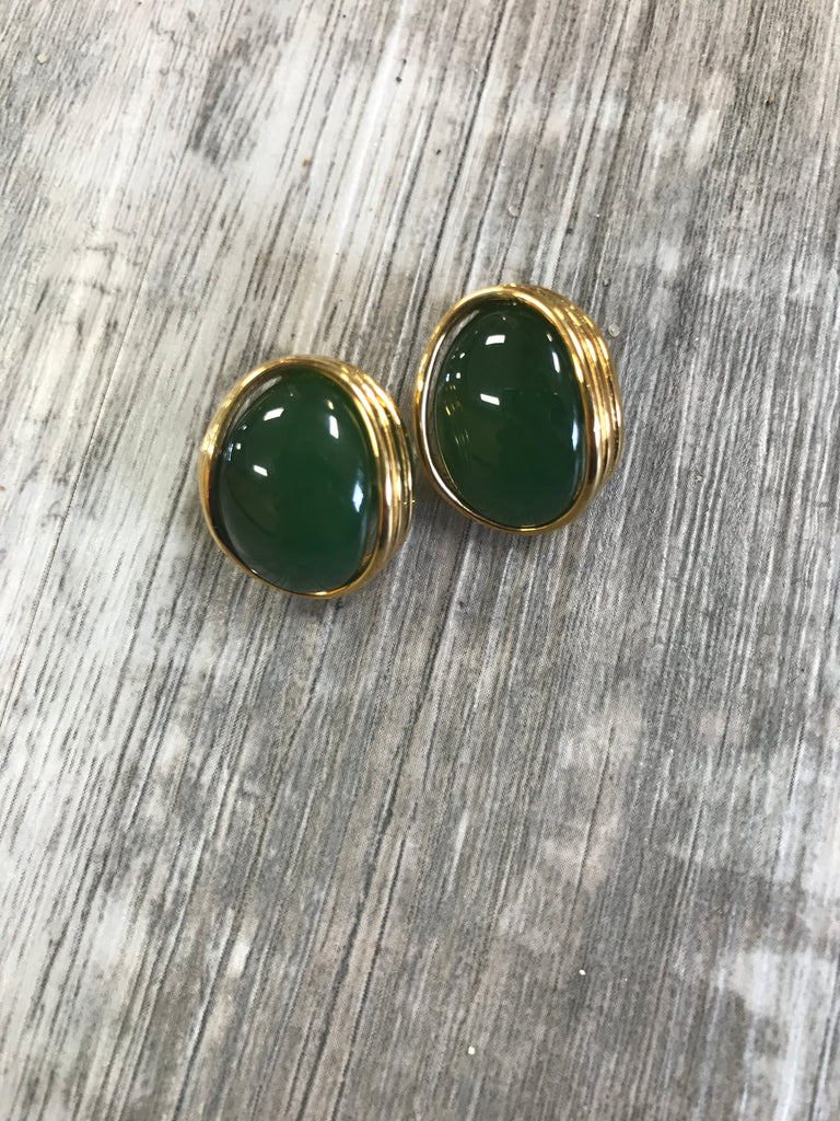Jade and Gold Oval Stud Earrings