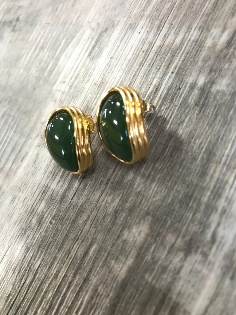 Jade and Gold Oval Stud Earrings