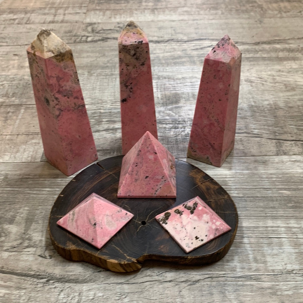 Rhodochrosite pyramids and obelisk