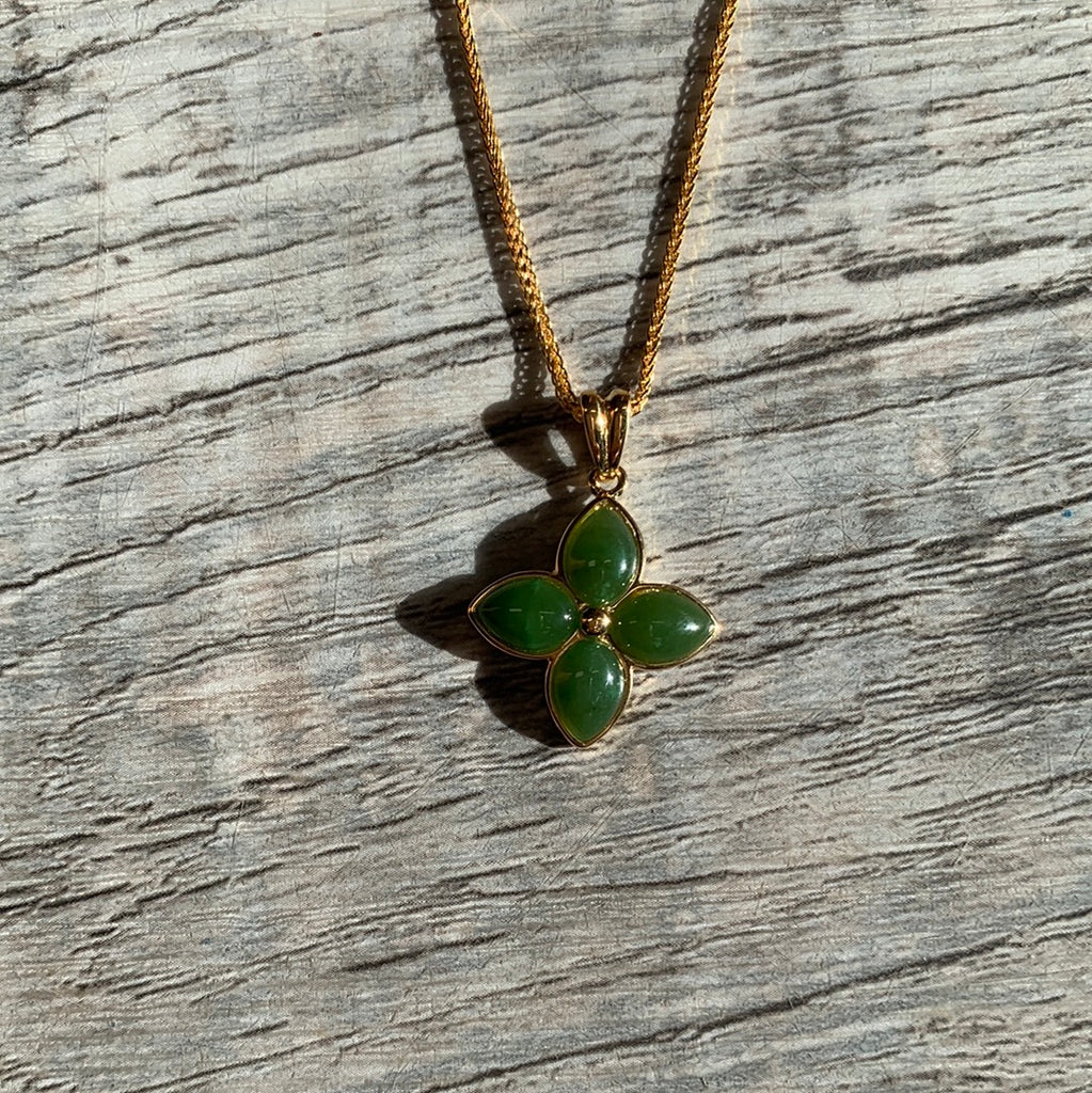 18K Gold Plated Jade Crystal Pendant Necklace, Dainty Flower Charm On 18" Chain